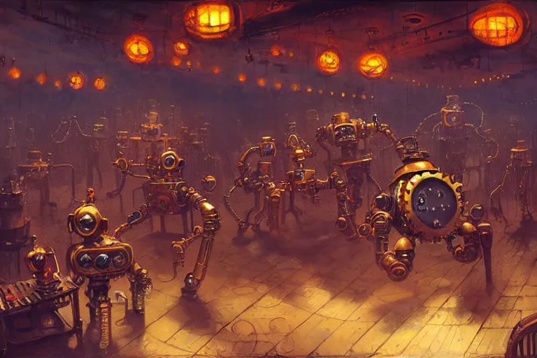 Prompt: steampunk robots expressively dancing on the dance floor by otto dix and greg rutkowski and andreas rocha, cinematic lighting, highly detailed, warm colours, 4 k