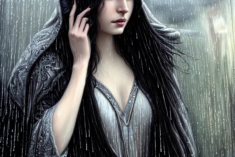 Image similar to highly detailed portrait of a beautiful girl in the rain with wet dark hair and pale skin, ornate elegant silver robes, fantasy, intricate, elegant, dramatic lighting, emotionally evoking symbolic metaphor, highly detailed, lifelike, photorealistic, digital painting, artstation, concept art, smooth, sharp focus, illustration, art by John Collier and Albert Aublet and Krenz Cushart and Artem Demura and Alphonse Mucha