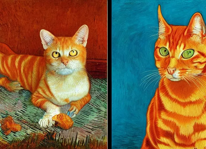 Image similar to detailed realistic realism painting of hybrid between orange tabby cat and lasagna, at dusk, in the style of vincent van gogh and salvador dali and leonardo da vinci