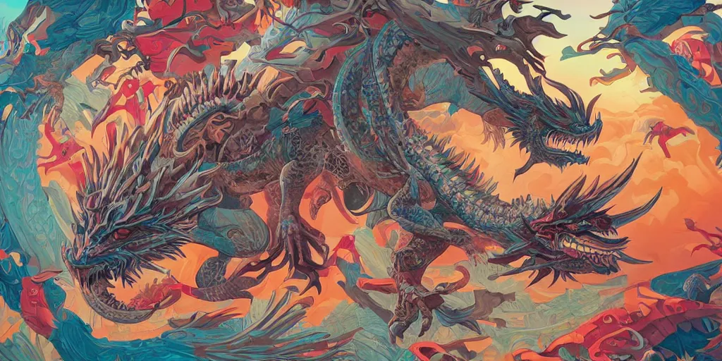 Image similar to A giant Dragon City , Tristan Eaton, victo ngai, artgerm, RHADS, ross draws