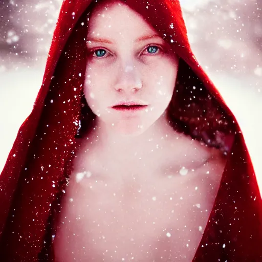 Prompt: winter night, snow, beautiful red haired pale woman wearing bikini top and long cloak, diamond necklace, long hair, symmetric face, single face, full body, photography, octane render, cinematic, 3 0 mm