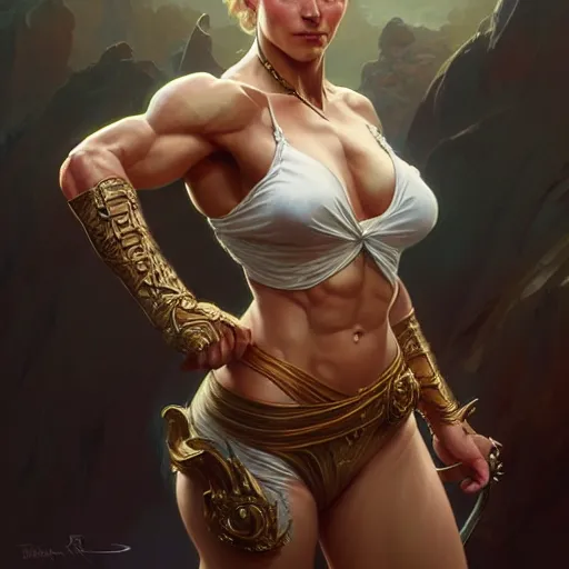 Image similar to , muscular upper body, D&D, fantasy, intricate, elegant, highly detailed, digital painting, artstation, concept art, smooth, sharp focus, illustration, art by artgerm and greg rutkowski and alphonse mucha