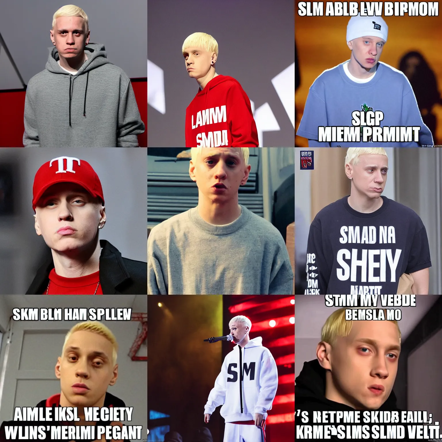 Prompt: slim shady His palms are sweaty, knees weak, arms are heavy There's vomit on his sweater already, mom's spaghetti He's nervous, but on the surface he looks calm and ready