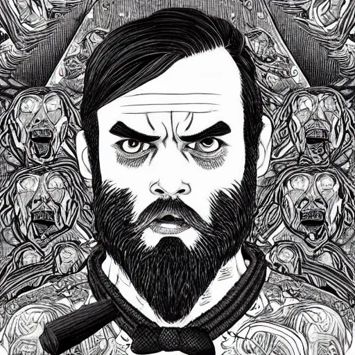 Prompt: beard man angry with italian burger. symmetrical anatomy, intricate details, digital art, baroque, pop punk art style, illustration, fantasy, accompanied by body, without duplication, dribble popular, artstation trending, drawn by ilya kuvshinov and vinicius gud and gustavo zambelli, intricate, balance rendered.