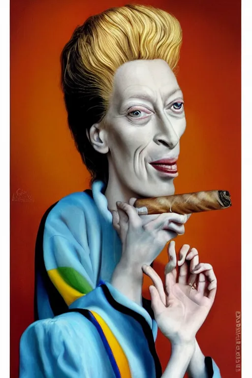 Prompt: symmetry!! photorealistic caricature of smiling tilda swinton as assumpta corpuscularia lapislazulina smoking a cuban cigar by salvador dali, oil painting, detailed, centered