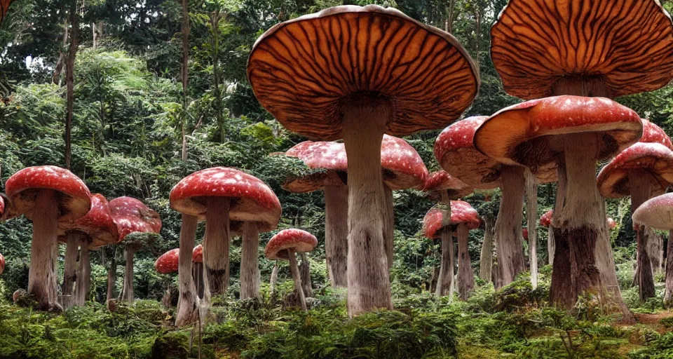 Image similar to A tribal village in a forest of giant mushrooms, by Yoshitaka Amano,