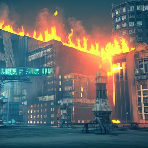 Image similar to a burning city money, crypto scenery 3D render, artstation, cinematic, Cinema 4D