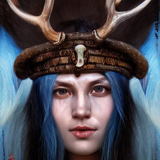 Image similar to A young female shaman, blue hair and antlers on her head. blindfolded, heilung, in the style of Heather Theurer, headshot photoshoot, insanely detailed and intricate, beautiful, elegant, cinematic toplight, portrait, headroom, artstation, karol bak