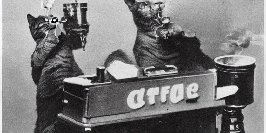 Image similar to a vintage photo from 1890 of a cat smoking a cigar while talking on a rotary phone in a tec support office filled with tools and coffee cups