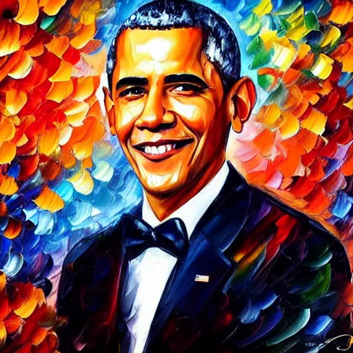 Prompt: beautiful leonid afremov portrait painting of barack obama. trending on artstation, 8k hq