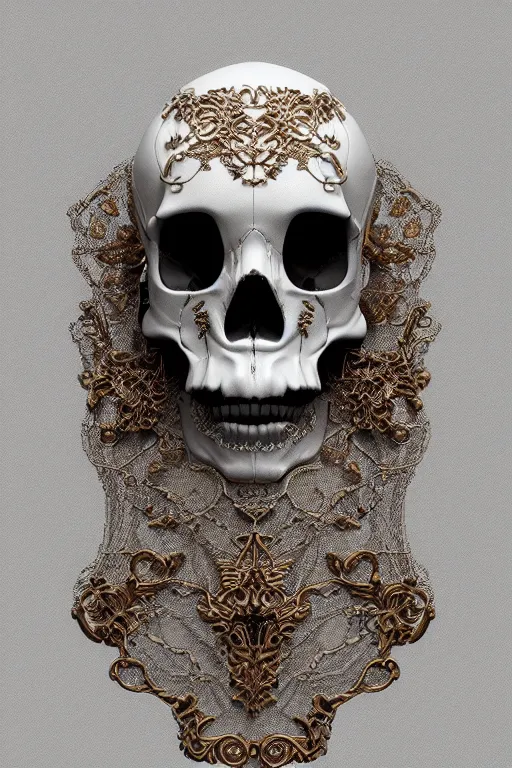 Image similar to 3d render of a porcelain skull, ultra detailed, 150 mm, accent lighting, beautiful studio soft light, rim light, silver gold red details, luxurious, big filigran, Alexander Mcqueen, haute couture, fine foliage lace, mesh wire, filigran intricate details, hyper realistic, anatomical, silver metal armor, facial muscles, cable wires, elegant, white background, octane render, H.R. Giger style, 8k