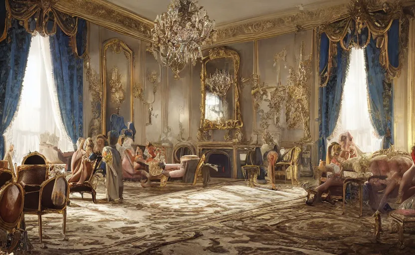 Image similar to realist rococo painting of a 1 9 2 0 s grand party in a beautiful mansion, many partygoers, strong contrast, unreal engine, hyper realism, realistic shading, cinematic composition, realistic render, octane render, detailed textures, photorealistic, ultrawide shot, 3 5 mm film