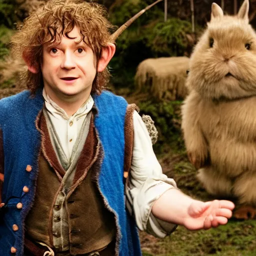 Prompt: hobbit wearing a blue vest and white sash, a british lad as Bartook a teen hobbit with short curly dark brown hair wearing a blue vest with a white sash standing next to a giant rabbit, high resolution film still, movie by Peter Jackson