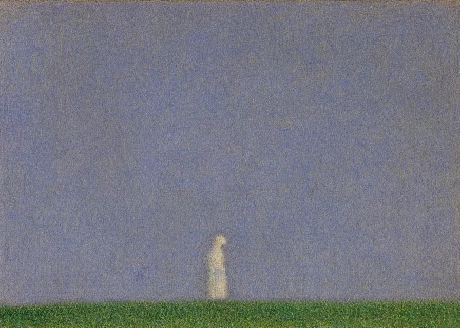 Image similar to white sheet ghost standing in an empty field, by georges seurat