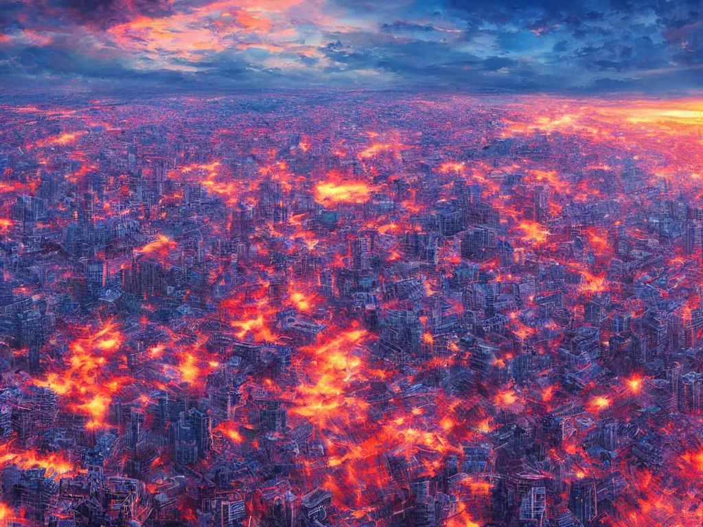 Image similar to birdseye view of a colorful sunrise over city surrounded by clouds, art by yoshitaka amano and alena aenami, cg society, cityscape