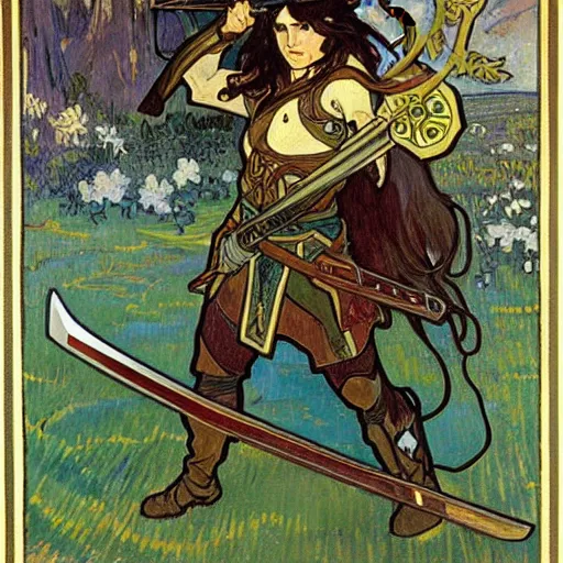 Image similar to painting of elf paladin with long dark hair fighting goblins with his sword, wearing armor, modest, art by alphonse mucha, vincent van gogh, egon schiele,