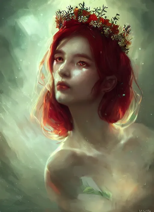 Image similar to a gorgeous flower princess portrait by WLOP, emerald eyes, red hair, digital painting, beautiful lighting, ominous, cgsociety