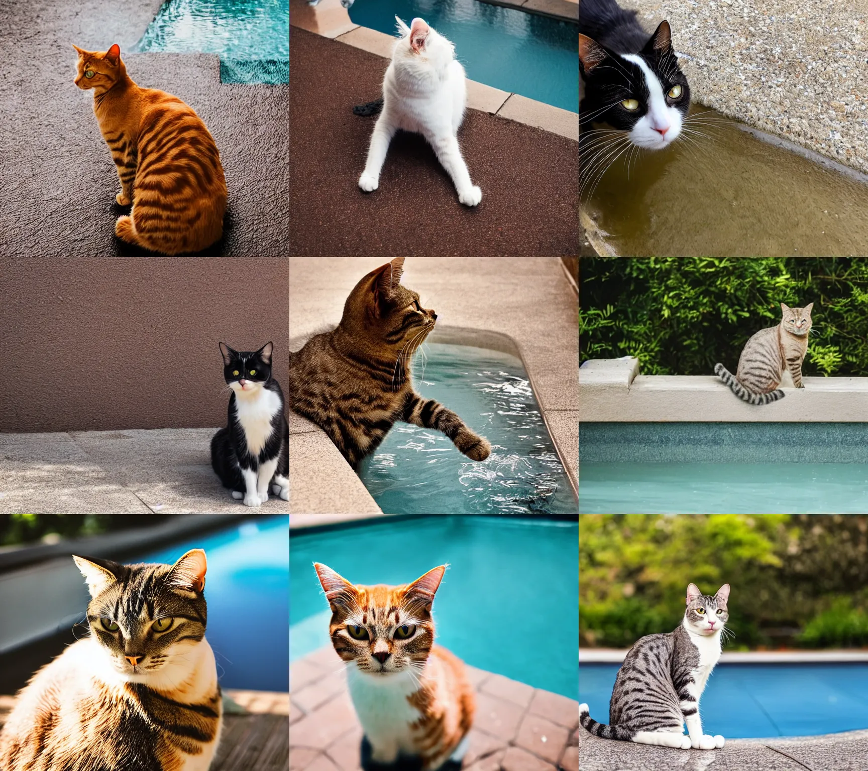 Prompt: a cat sitting on the ground looking at a pool of water