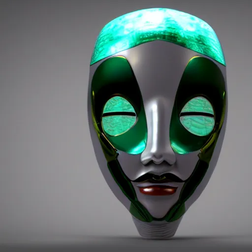 Image similar to futuristic cybernetic geisha mask made of malachite, studio lighting, cinema 4 d, trending on artstation