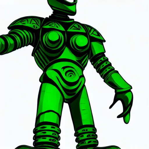 Image similar to a picture of a giant armour green man with his fist up in the alien land, vector art by mor than, low angle, trending on deviantart, mingei, flat shading, prerendered graphics, marvel comics, unreal engine 5