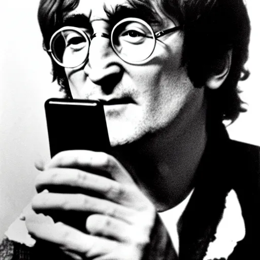 Prompt: a photo of john lennon holding a smartphone in his hand, high detailed