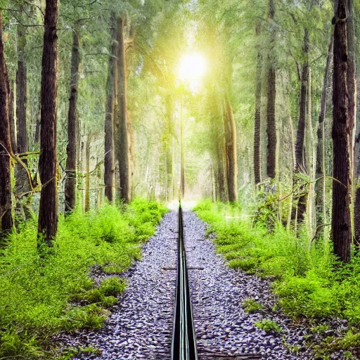 Image similar to Tram line in a forest, 8k UHD, high quality, studio photo,