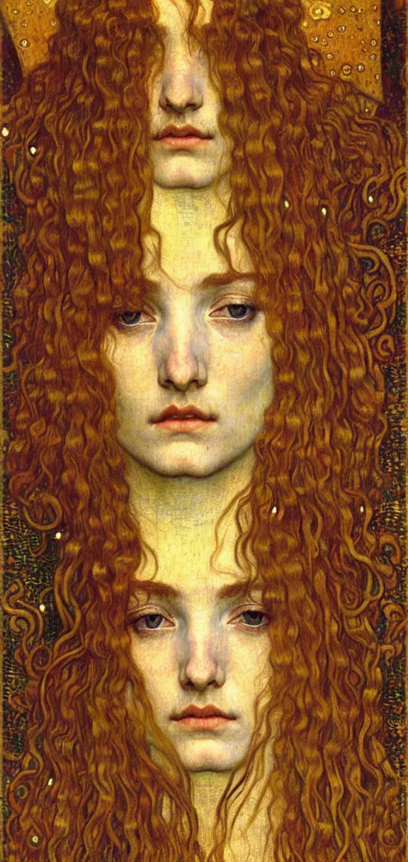 Image similar to detailed realistic beautiful young medieval queen face portrait by jean delville, gustav klimt and vincent van gogh, art nouveau, symbolist, visionary, gothic, pre - raphaelite, muted earthy colors, desaturated