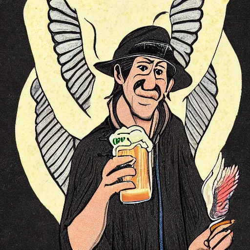 Prompt: Cemal, beer, pear, wings, wizard, character, black paper, illustration, tarot card