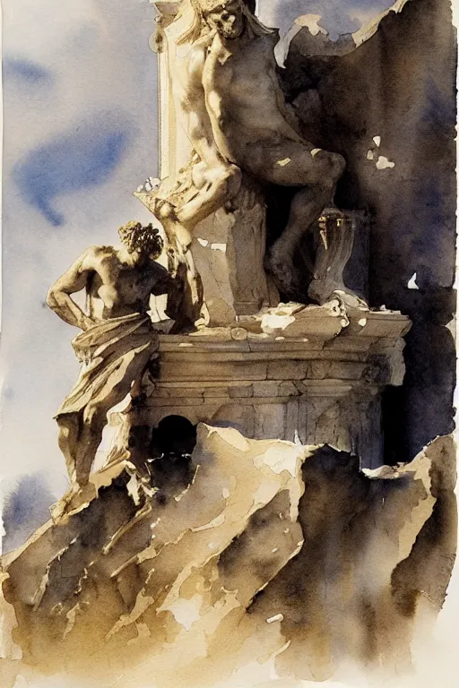 Prompt: abstract watercolor painting of roman god monument, in stone and marble, magical and traditional, cinematic light, national romanticism by anders zorn