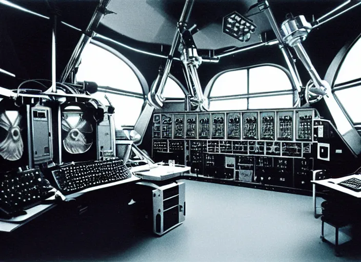 Image similar to realistic photo interior of the spacious chrome metal polished sci - fi medieval expensive room observatory scientific interior with dozens of computers and displays 1 9 9 0, life magazine reportage photo