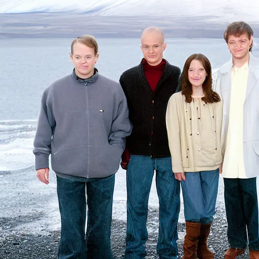 Prompt: 2004 sitcom family photo in Iceland, white studio background