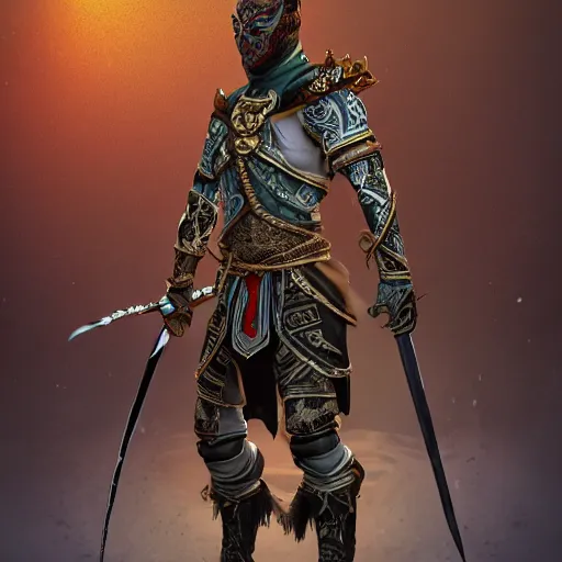 Image similar to D&D rogue character art:: Arabian warrior, intricate ornate armor, half-mask, tattoo, muscle, full body portraits, 35mm, position, cinematic litghing, realism concept art composition, ultra realistic, realism, cinematic, photorealistic, epic scene, low-key lighting, renderman, physically based render, dolby vision, 4k, super detailed, 8K, fantasy, detailed painting, long neck, long anatomy, mixed up, extra anatomy, style of charlie bowater, tom bagsgaw, artgerm, rule of thirds