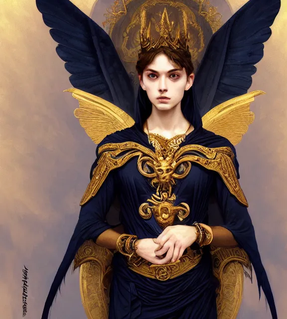 Image similar to portrait of a god of death, young male, in the underworld, elegant dark blue dress, very detailed, throne, very intricate details, jewelry, gold eyeshadow, elaborate long black hairstyle, wings, cinematic, artstation, william bouguereau, alphonse mucha, greg rutkowski, rossdraws, octane render