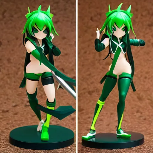Image similar to league of legends akali as a Figma doll. Posable anime figurine. Kunai-weilding, green facemask, green outfit. PVC figure 12in.