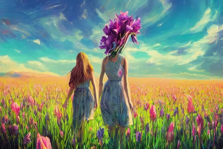 Image similar to giant gladiola head, girl walking in field of flowers, surreal photography, sunrise, blue sky, dramatic light, impressionist painting, digital painting, artstation, simon stalenhag