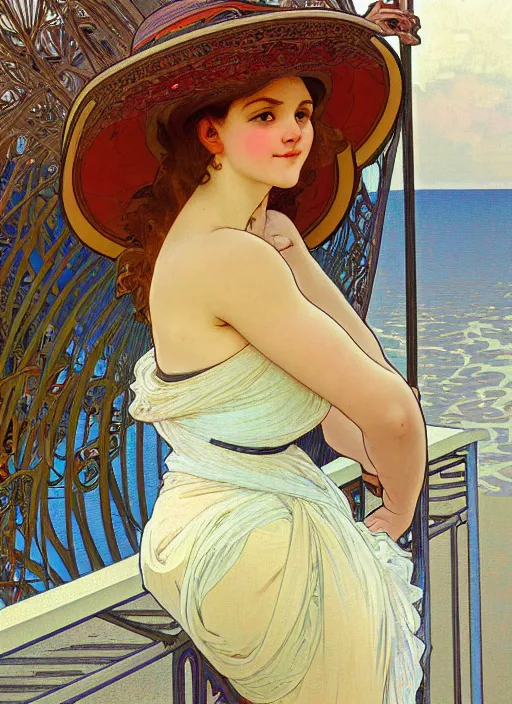 Prompt: pretty young woman leaning against the railing at the beach, path traced, highly detailed, high quality, digital painting, by alphonse mucha, disney