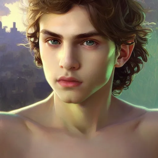 Prompt: young boy, light hair, green, eyes, son of poseidon, greek, gorgeous, amazing, feminine, elegant, intricate, highly detailed, digital painting, artstation, concept art, sharp focus, illustration, art by artgerm and greg rutkowski and alphonse mucha