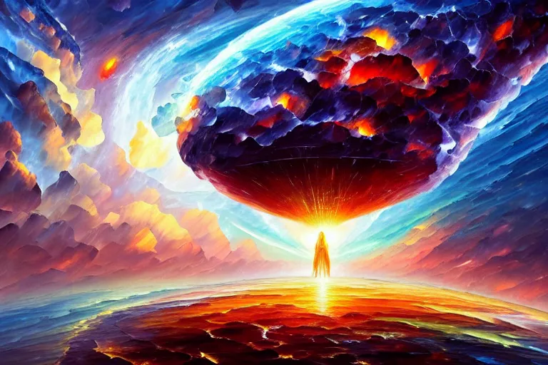 Prompt: a god giving birth to a new universe and then dissolving itself into it, in the style of wlop chad knight and leonid afremov, illustration, epic, fantasy, hyper detailed, smooth, unreal engine, sharp focus, ray tracing