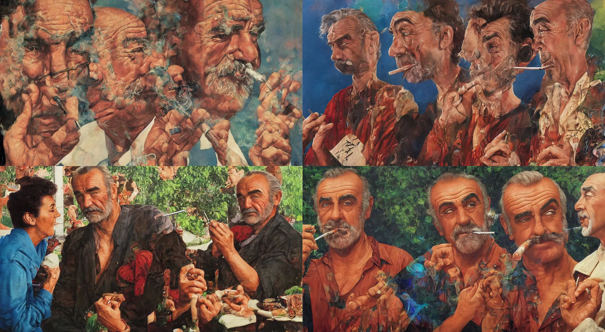 Prompt: realistic Sean Connery smoking a joint with Buddha vivid colors, in the style of Alex Gray and Norman Rockwell, trending on artstation, artstationHQ,artstationHD, 8k