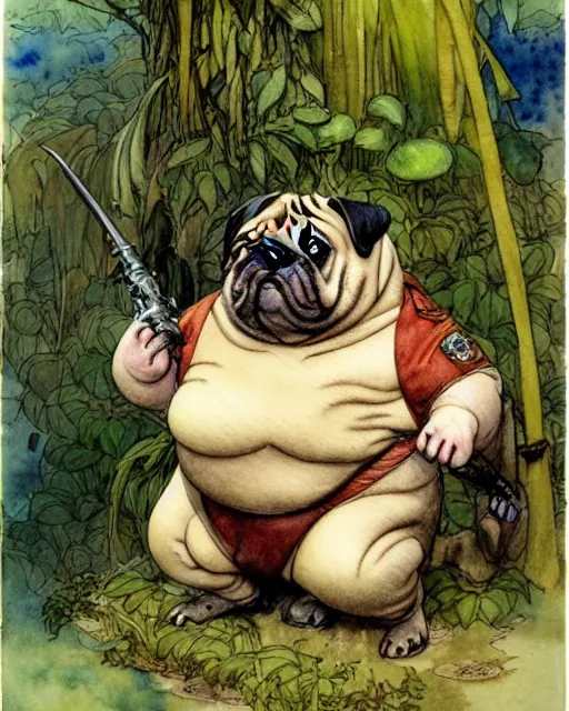Image similar to a realistic and atmospheric watercolour fantasy character concept art portrait of a fat adorable chibi pug soldier in the jungle, by rebecca guay, michael kaluta, charles vess and jean moebius giraud