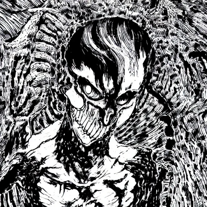 Image similar to Junji Ito manga artwork of a monstrous cyborg abomination