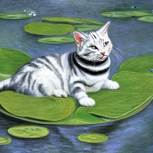 Image similar to a white and grey tabby cat, with a black and grey striped head and a white mouth, stretching on a lilypad floating on a lake, in the style of Water Lilies painting by Monet