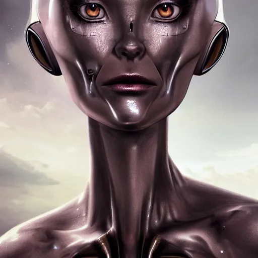 Image similar to A young beautiful female extraterrestrial-cyborg face with a very long neck, big clear eyes, thin nose, big lips, hair floating in the wind:: alien is from the future, Realistic, Refined, Detailed Digital Art, Pre-Raphaelite,Renaissance, Highly Detailed, Cinematic Lighting, rim light, black and white, photo-realistic Unreal Engine, 8K