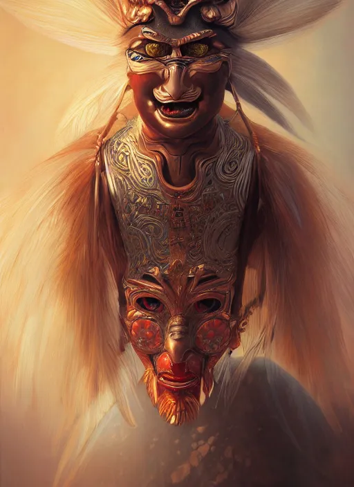 Image similar to a beautiful detailed oil on copper art illustration of a japanese tengu mask woman, centered, by charlie bowater, zeng fanzh, trending on artstation, dim dusk lighting, cinematic lighting, detailed lighting, volumetric lighting, realistic, f 8, 4 k hd wallpaper