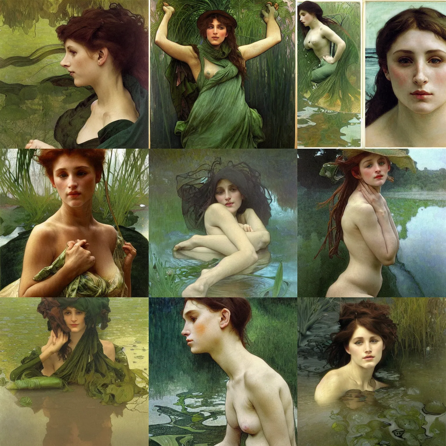 Prompt: hyperrealist portrait in a river, half body, caustic, dark green water algae by alphonse mucha and lucian freud and bouguereau, fog, very detailed faces