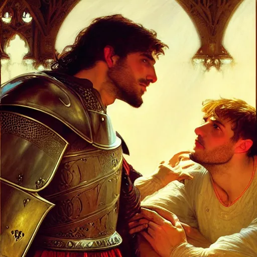 Prompt: arthur confesses his love for lancelot! dream attractive arthur pendragon and his attractive male knight, they are in love, natural lighting, path traced, highly detailed, high quality, digital painting, by gaston bussiere, craig mullins, alphonse mucha j. c. leyendecker