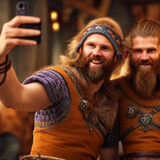 Prompt: Two viking brothers taking a selfie in a crowded tavern, dof, Octane Render, intricately detailed, 8k