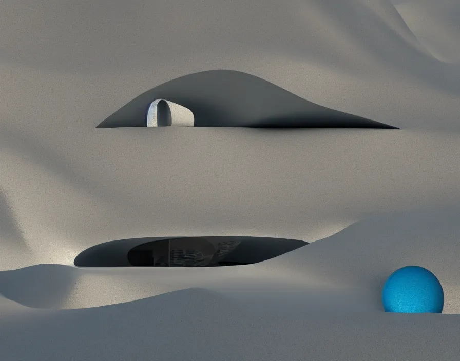 Prompt: closeup, desert, metal surfaces, foil, white minimalist architecture, stone grotto in the center, portal, flying spheres, torus, rocks. zaha hadid, oscar niemeyer, architectural rendering. trending on artstation. vogue magazine. halo, hyperrealism, octane rendering, 8 k, depth of field, bokeh. iridescent accents. teal gold and blue color scheme