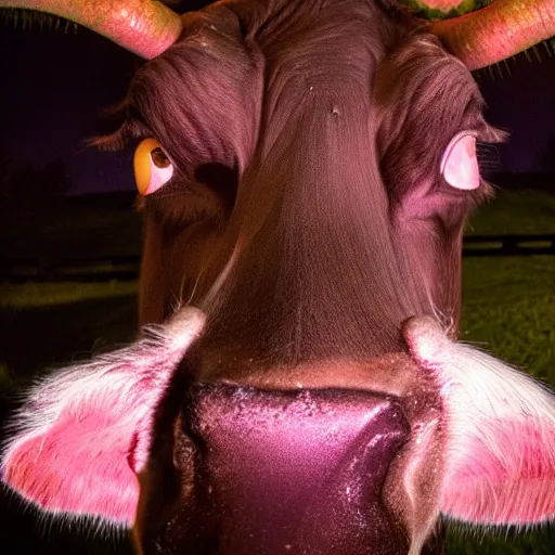 Image similar to ultra - realistic close - up of creepy cow at night, fish - eye - lense, disturbing horror photo, doorbell camera footage