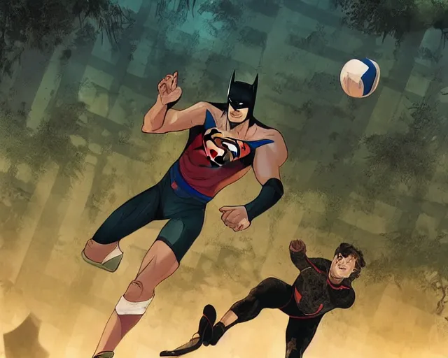 Image similar to batman and superman are playing volleyball in a jungle, volleyball in the air, volleyball net, digital illustration, inspired by greg rutkowski and artgerm, high detail